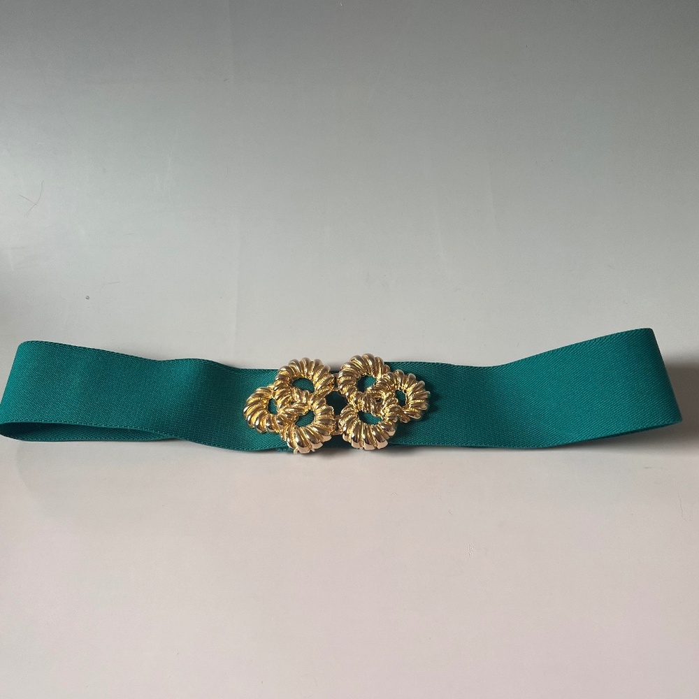Vintage Green Elastic Waist Belt with Gold Buckle - 80s Style